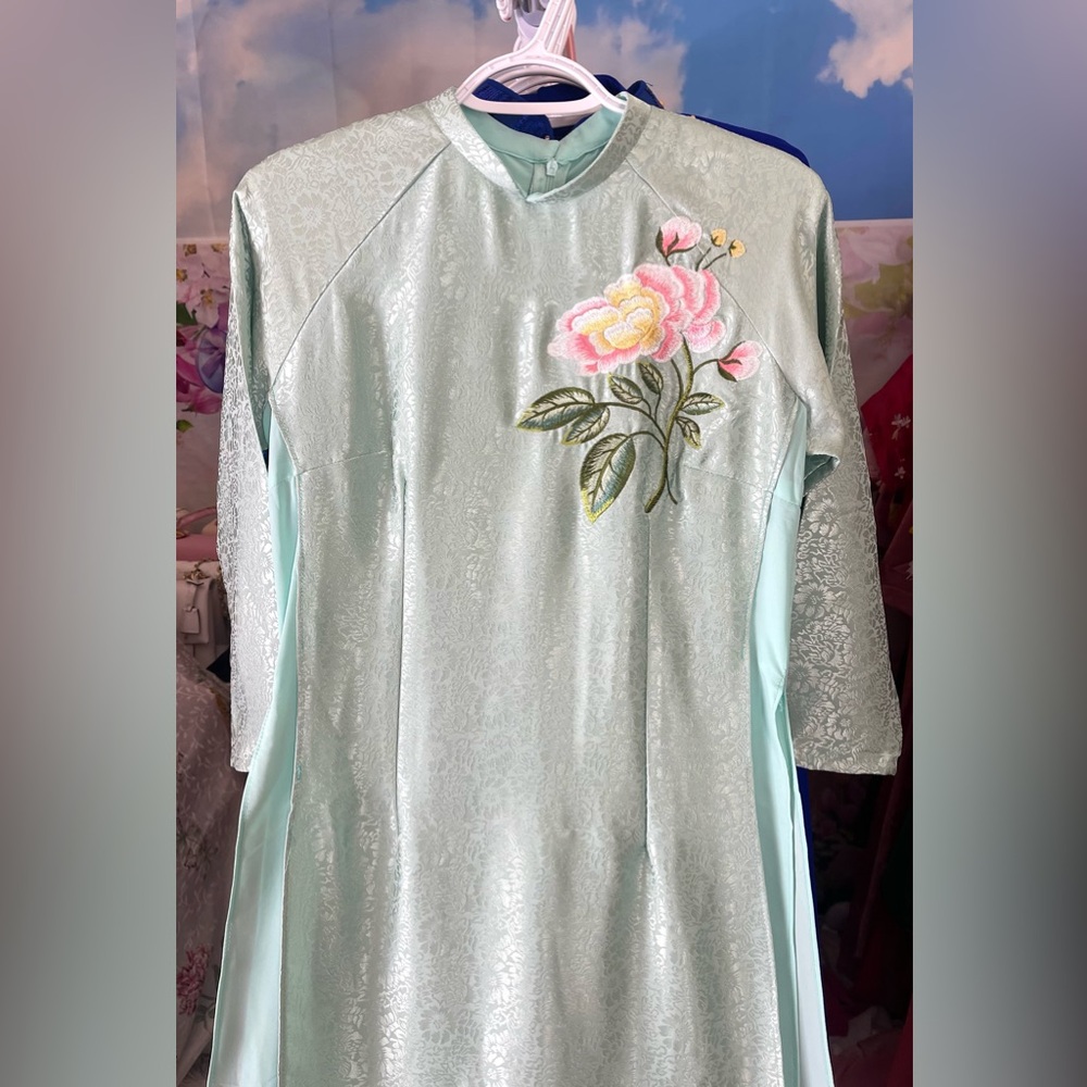 ao dai to tam, Vietnamese traditional long dress set 🎁2xl xxl 8 green theu new